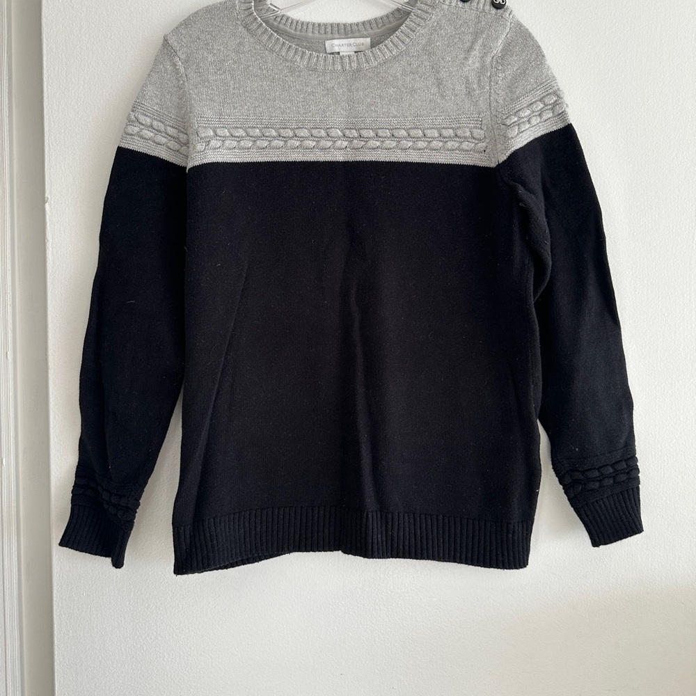 Charter Club color blocked Gray and black Sweater with Button Accent